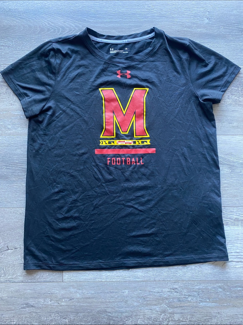 Under Armour Maryland Terrapins Football Tee Womens Sz Large Black Red Logo